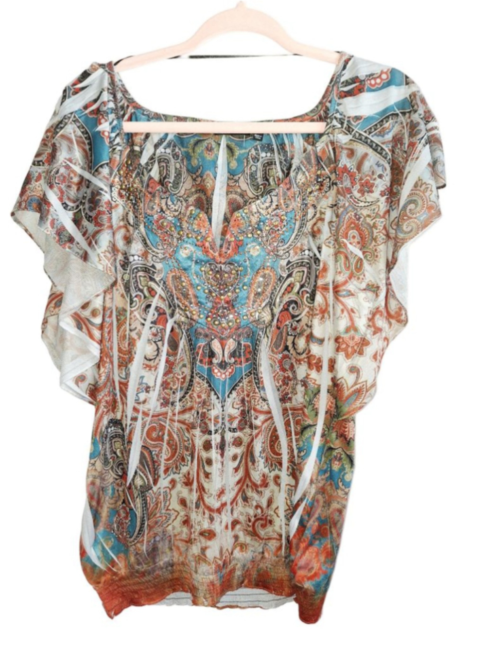 Apt. 9 Blouse L Multi-color Paisley gem Embellished Top blingy boho